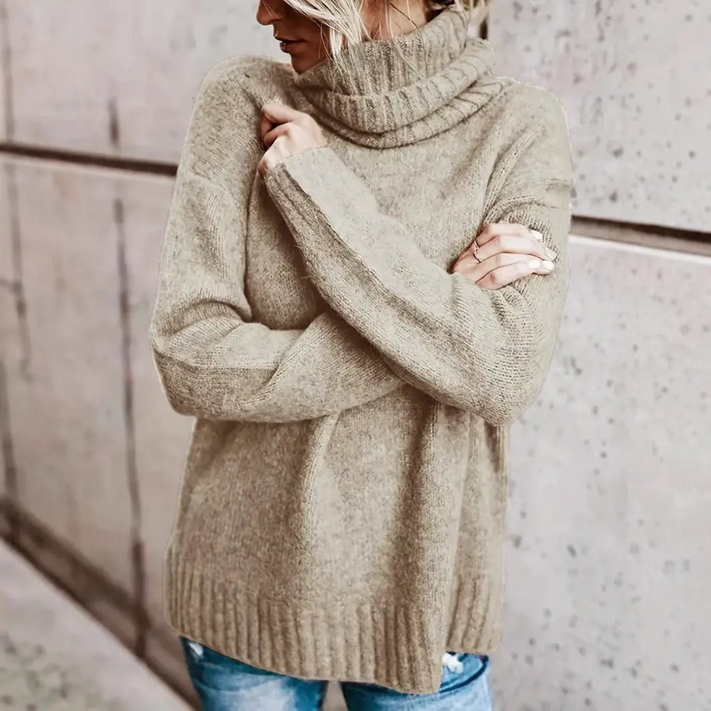 Plus size women's khaki turtleneck long sleeve sweater pullover with drop shoulders