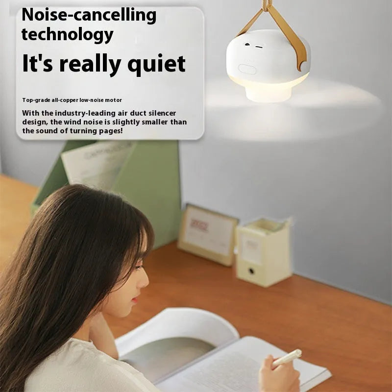 Rechargeable camping tent ceiling fan with remote control and night light on a 3-metre wire bracket.