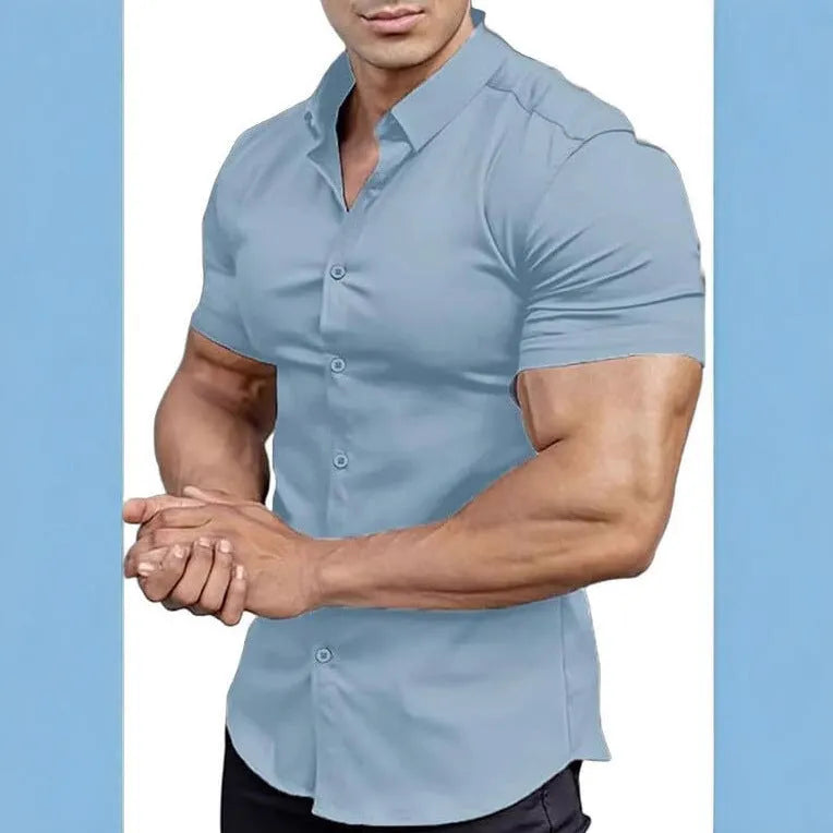 Men's short sleeve printed casual shirt in cardigan style, available in multiple colours and sizes.