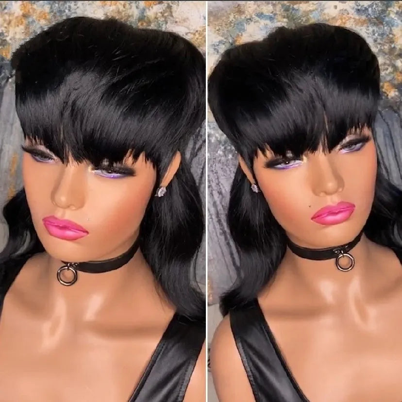 Black Brazilian long wig with bangs, made from high-temperature fibre.