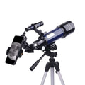 Dark blue children's astronomical telescope with monocular and tripod on a white background.
