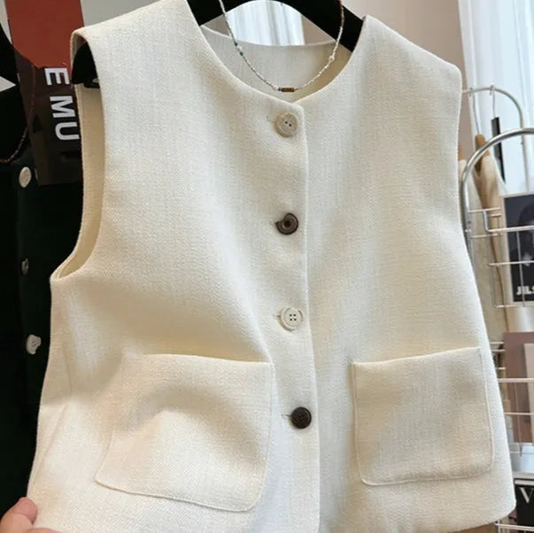 Women's milky white sleeveless bandage vest with round neck, laid flat on a surface.