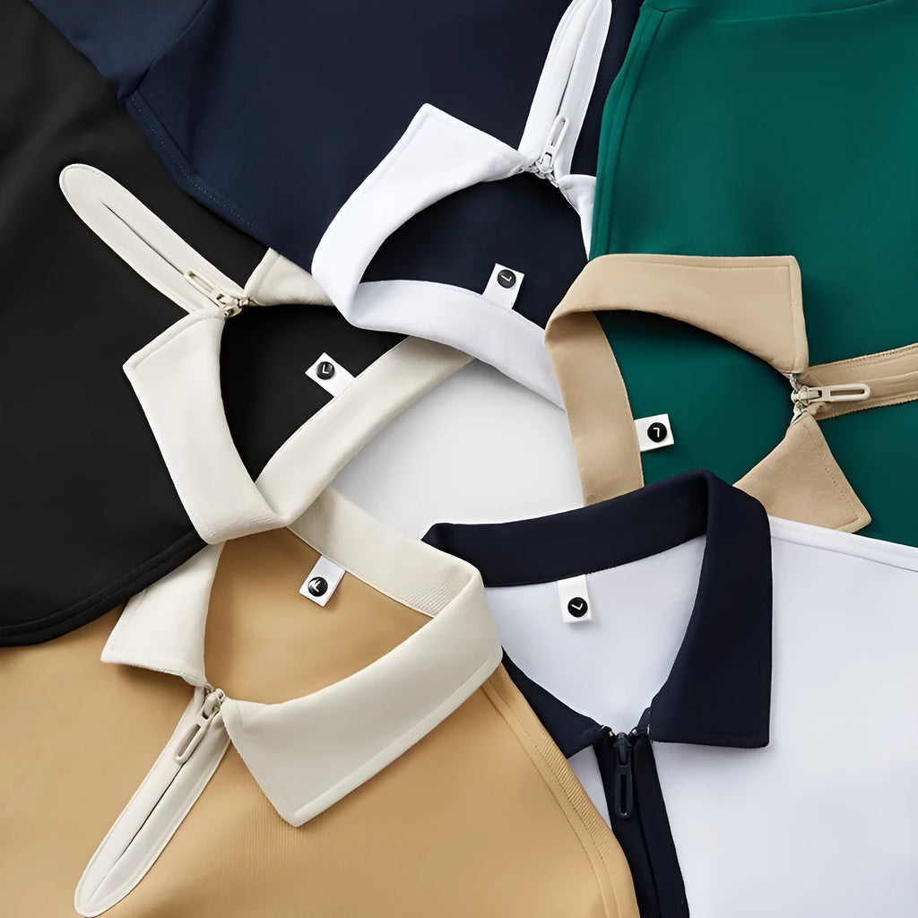 Nylon short sleeve polo shirt with zipper and lapel, solid colour, loose fit for teenagers