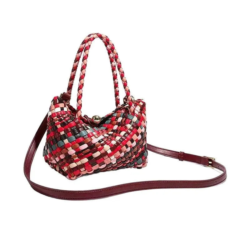 Colourful woven PU leather women's casual shoulder bag, handmade.