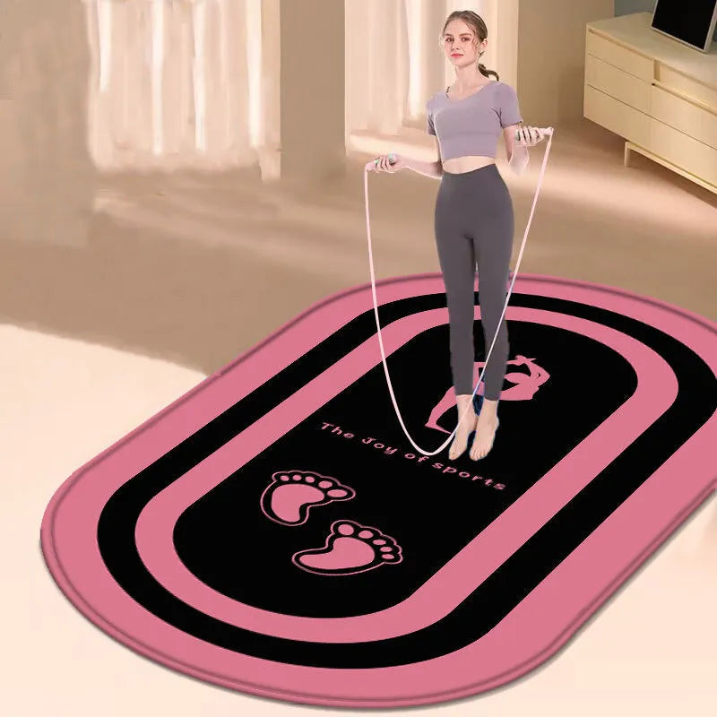 Oval anti-slip thickened yoga mat in Black Sole Purple Fringe on a home gym floor
