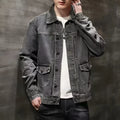 Black and gray Korean-style short denim coat jacket with side pockets and straight hem