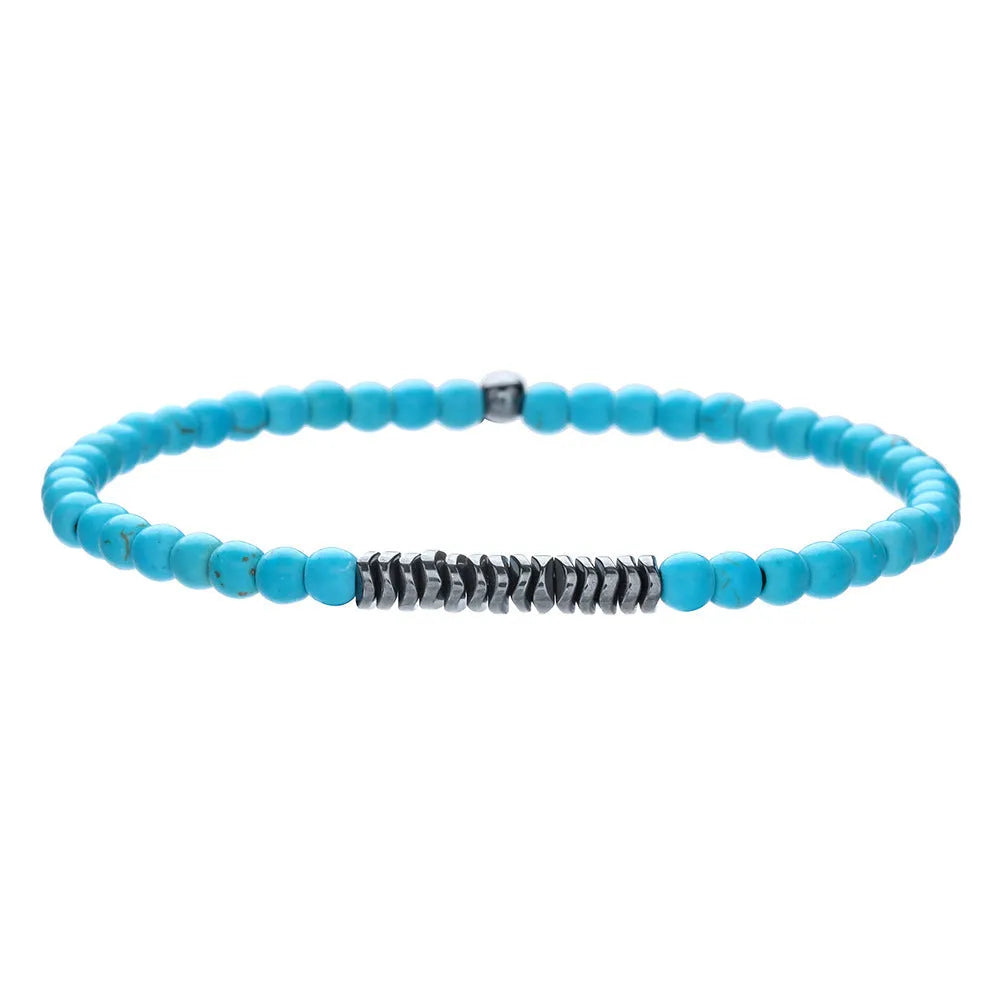 Hand-woven unisex wood bracelet with turquoise accents and totem pattern