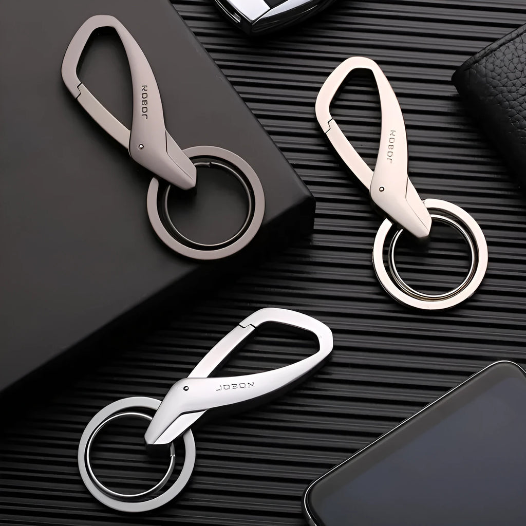 Zinc alloy car key waist hanging double ring keychain in black, chrome, or nickel colour measuring 8.3x3.5cm