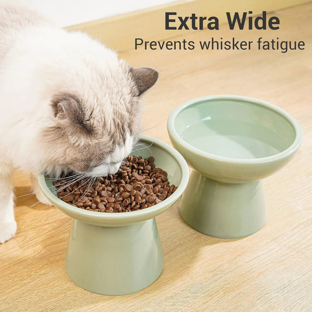 Extra wide elevated ceramic cat bowl in blue with shallow 16cm dish design