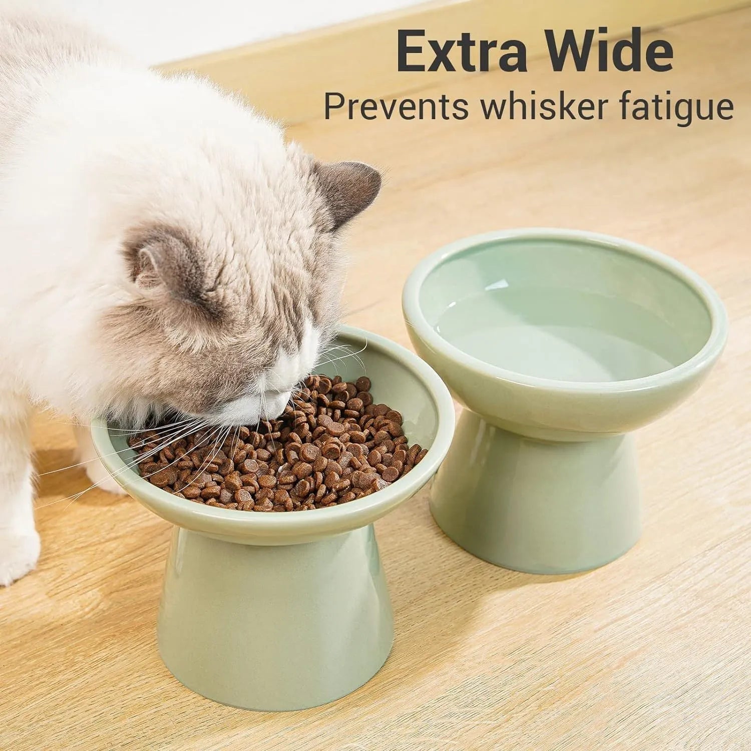 Extra wide elevated ceramic cat bowl in blue with shallow 16cm dish design