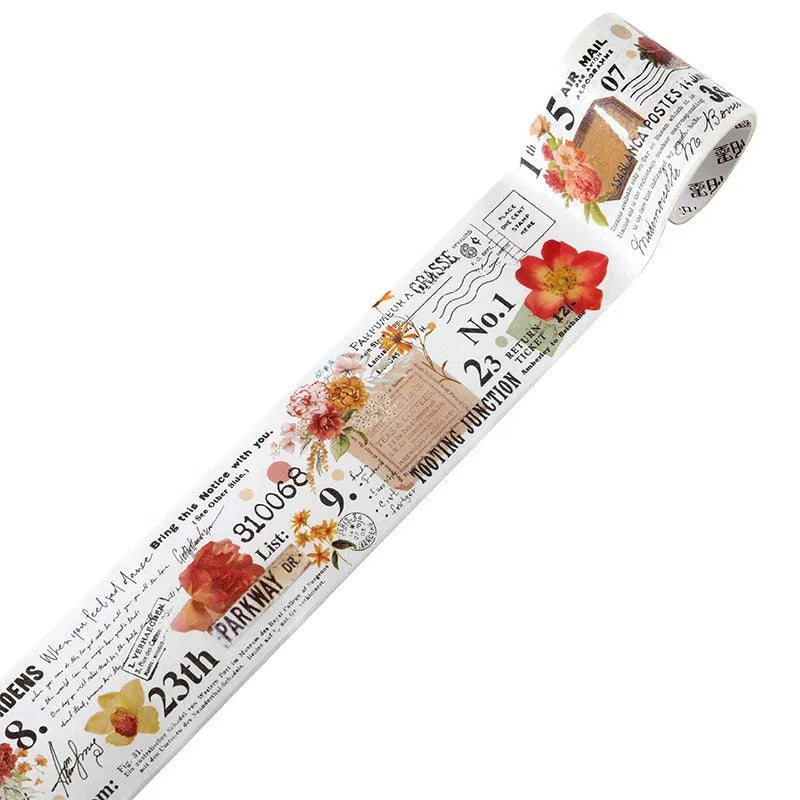 Japanese washi paper decorative adhesive tape roll with vintage floral watercolour design, showing 2 metre length and width options