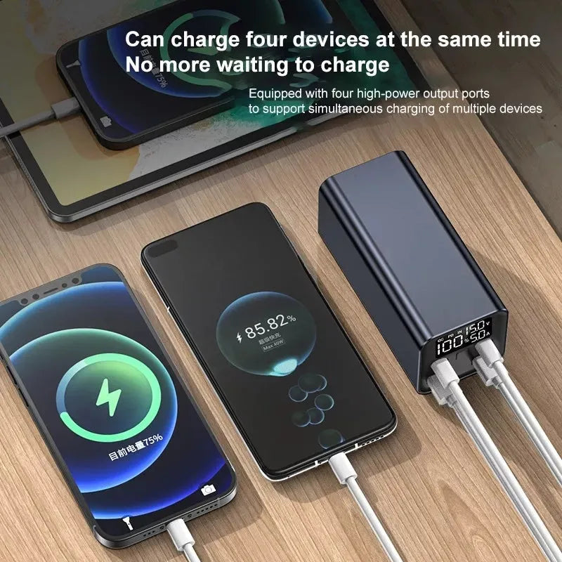 Black 65W metal power bank with 20000mAh capacity for charging laptops and phones.