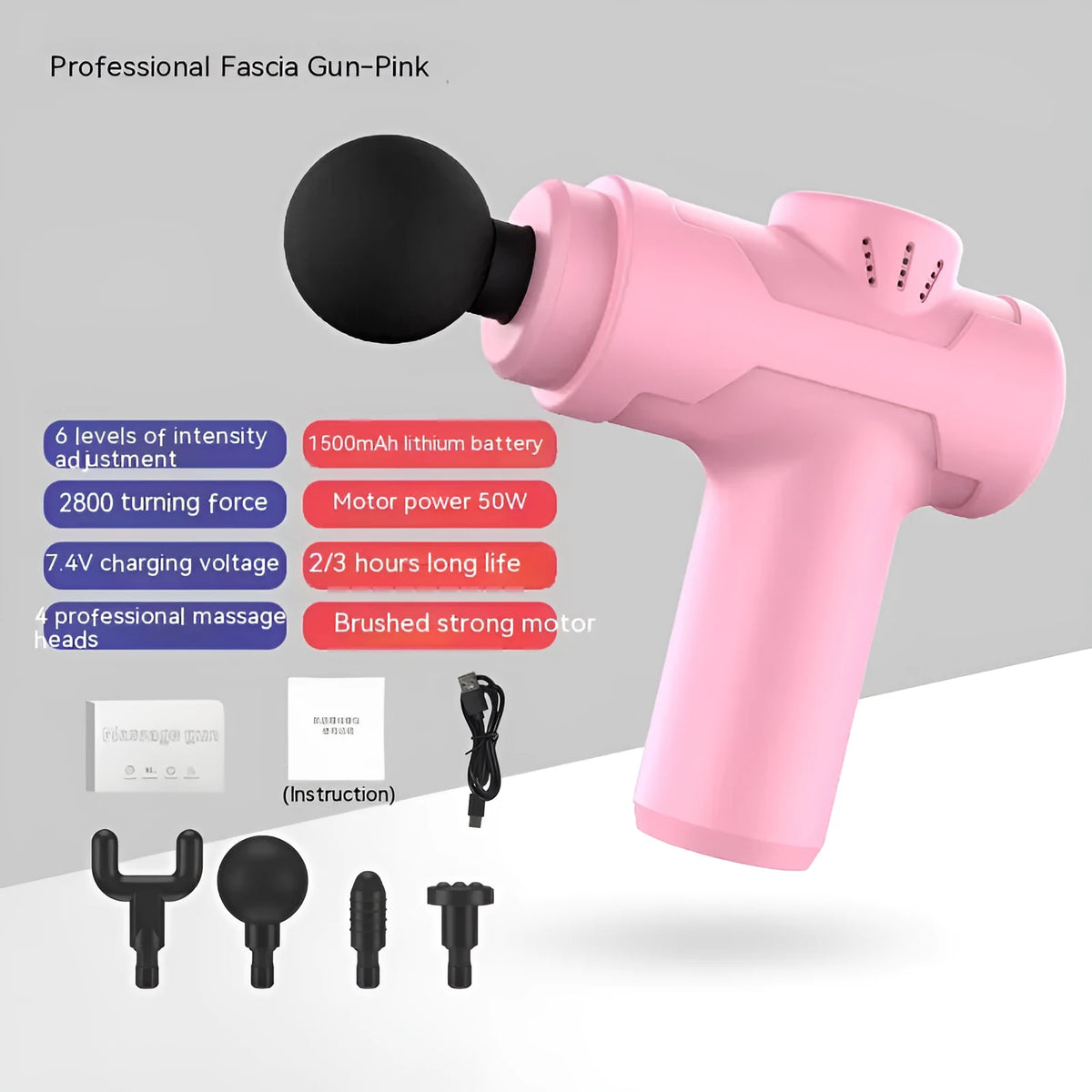 Portable mini massage gun with LED screen showing gear setting, black colour, on white background