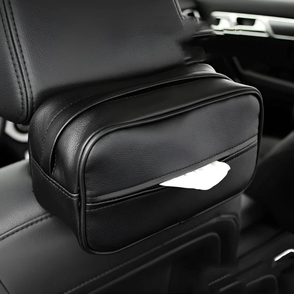 Black PU leather hanging storage box for car organisation, shown with dimensions.