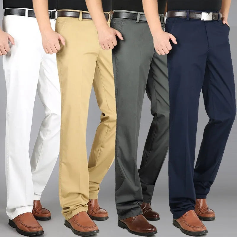 Men's casual elastic cotton high waisted loose trousers in creamy white, shown flat front view