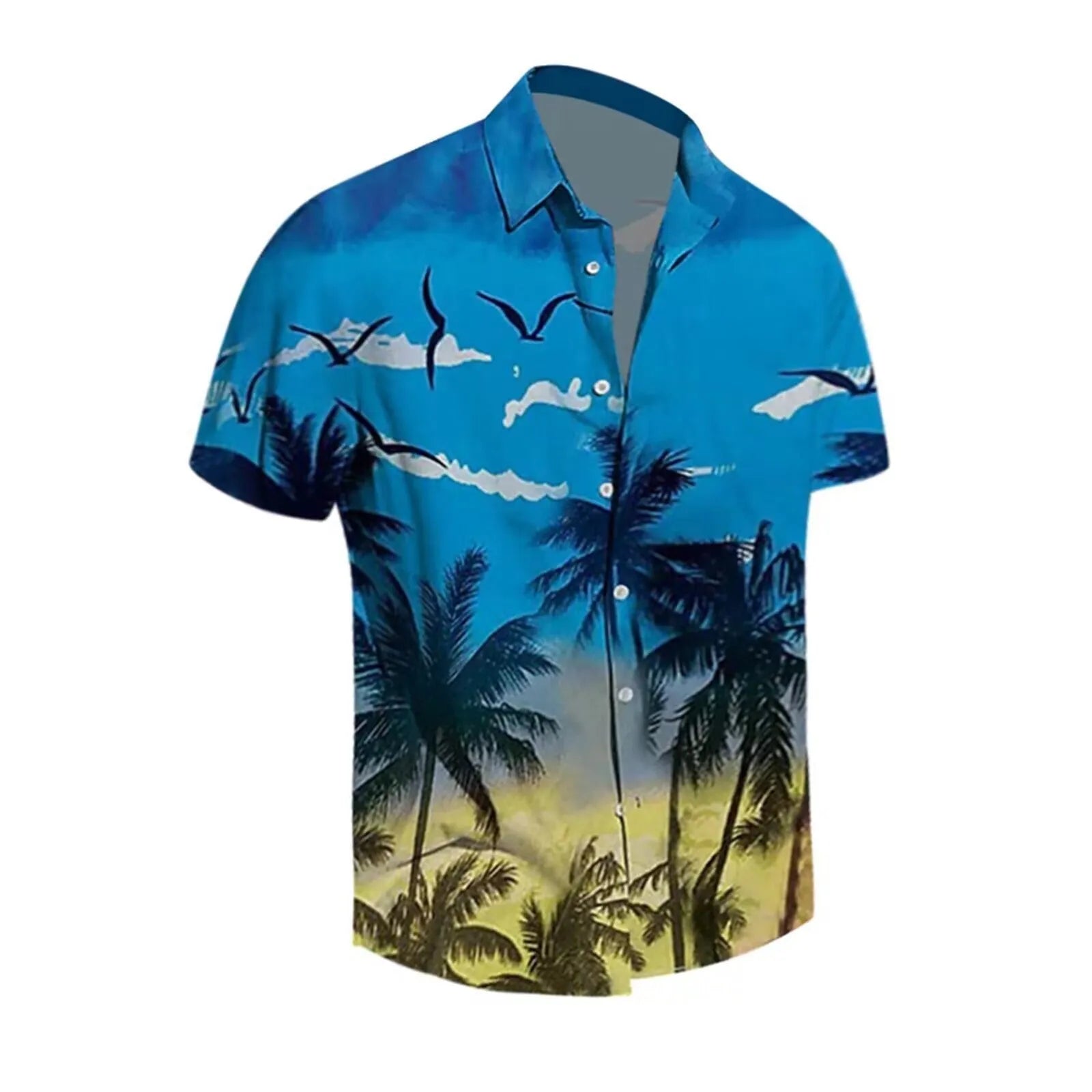 Men's short-sleeved Hawaiian shirt with a colourful 3D printed pattern, on a mannequin.