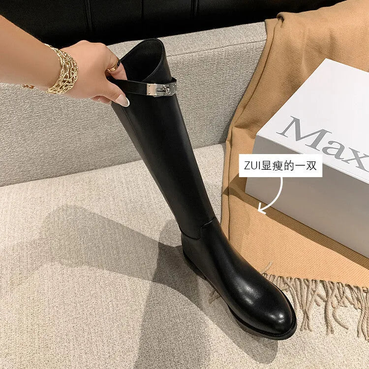 First layer cowhide below the knee boots with low heel and back zipper in black