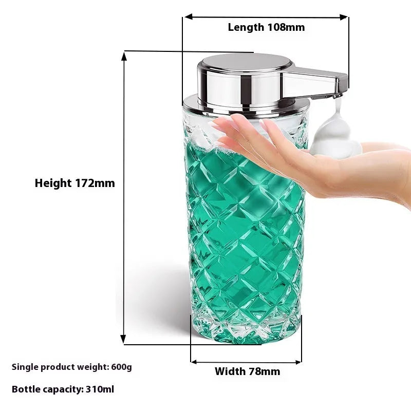 Silver automatic sensor soap dispenser with type-c charging port on a bathroom countertop.