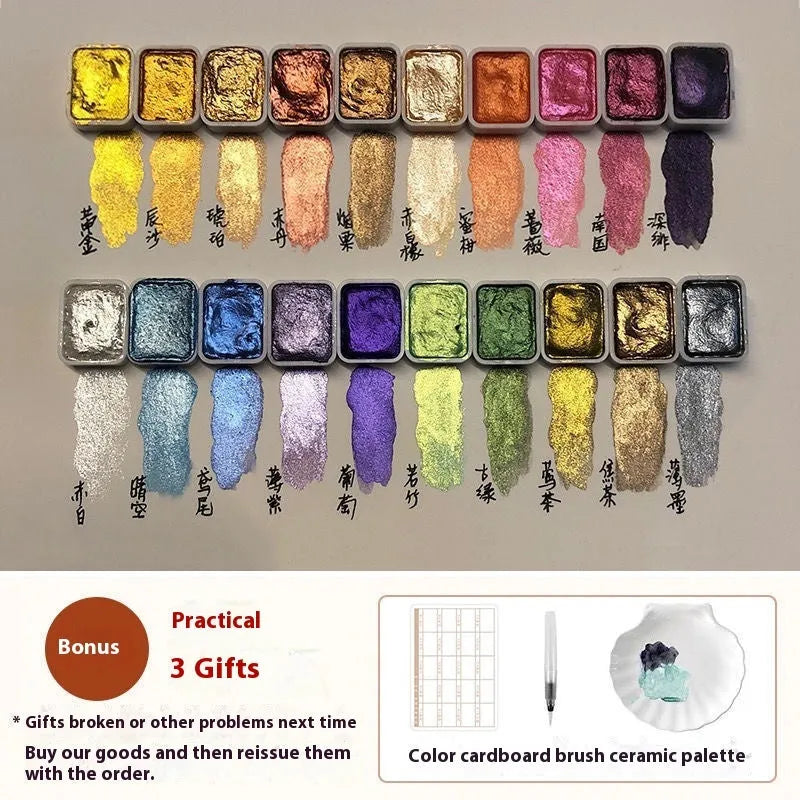 Traditional Chinese painting mineral pearlescent watercolour set showing warm colours, cold colours and metallic paints