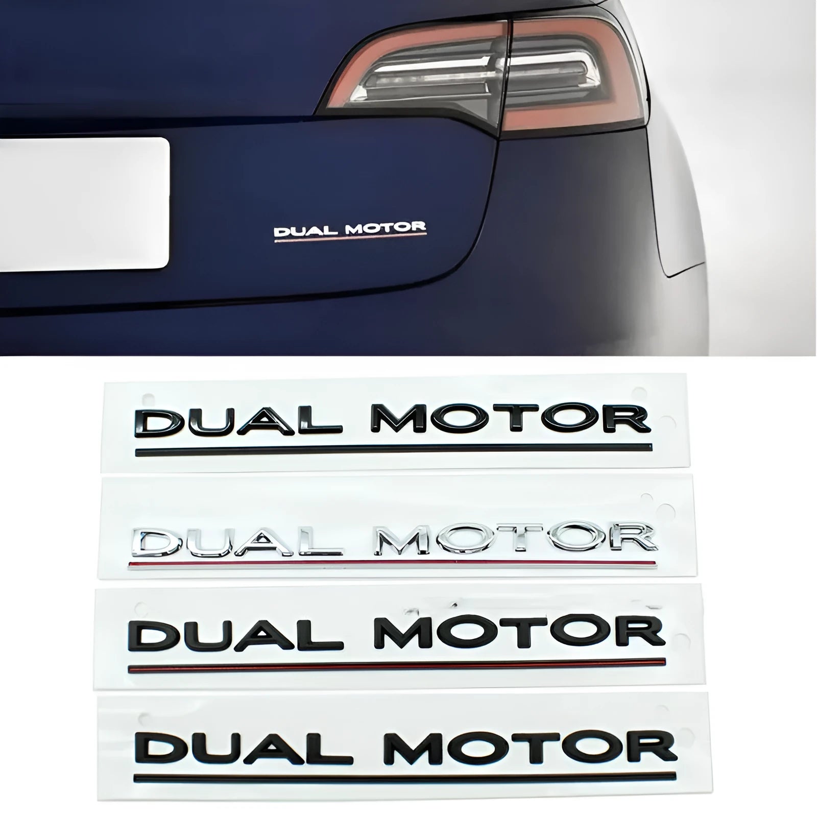 Tesla Model 3 Dual Motor bumper sticker in ABS plastic, shown in matte black with a black stripe, dimensions 19cm by 3cm.