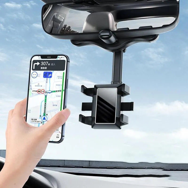 Black rearview mirror car phone holder with telescopic arm and 360° rotating joint on a car mirror.