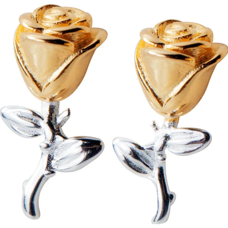 S925 silver rose stud earrings for women in gold or silver colour, Korean style, pair