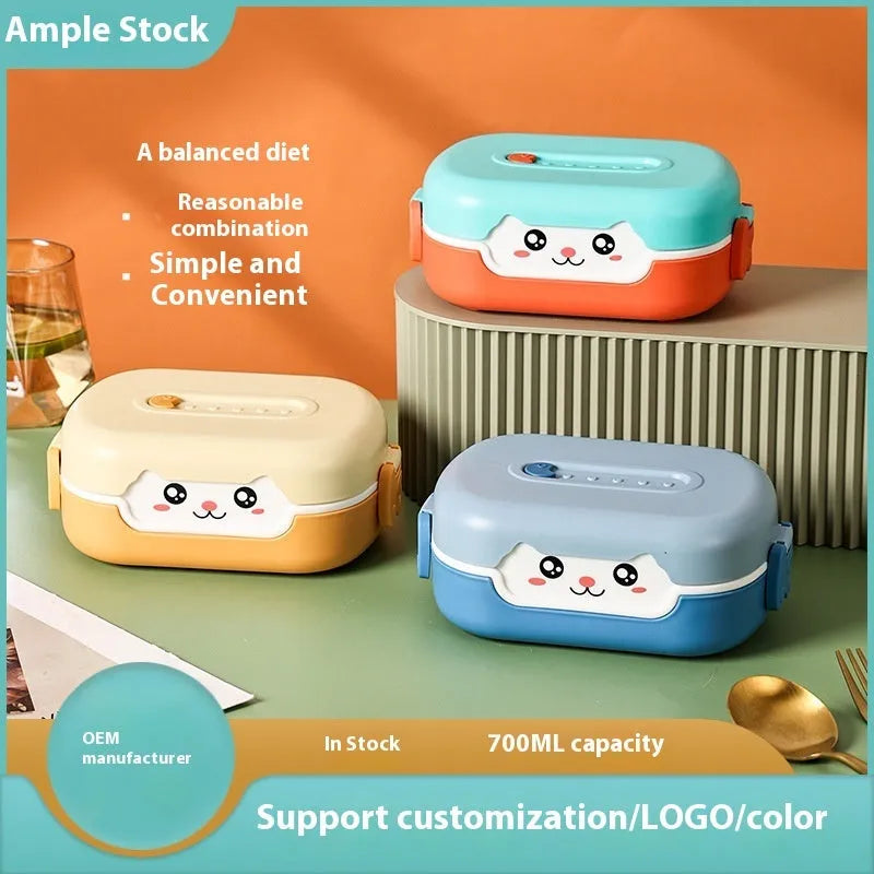 Square plastic divided lunch box in dark blue, orange yellow, or pink and green colours