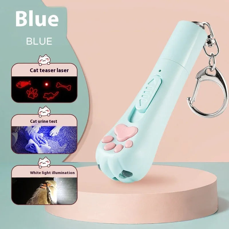 Rechargeable cat teaser toy with feather attachment and pen light in pink, cream white, or sky blue colour options