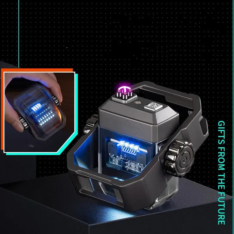 Blue Pulse double arc windproof electric lighter with a visible mechanical gyroscope and a Type-C charging port.