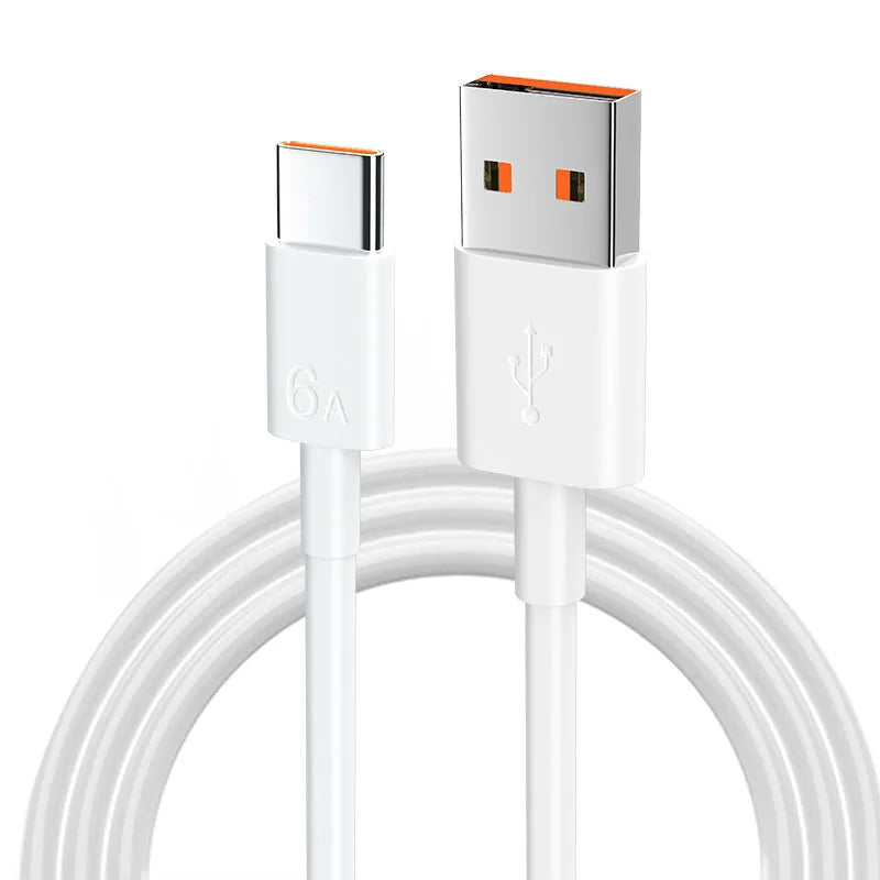 White 6A super fast charge data cable with TYPE-C, Micro USB or Lightning interface, 0.3m to 2m, PVC