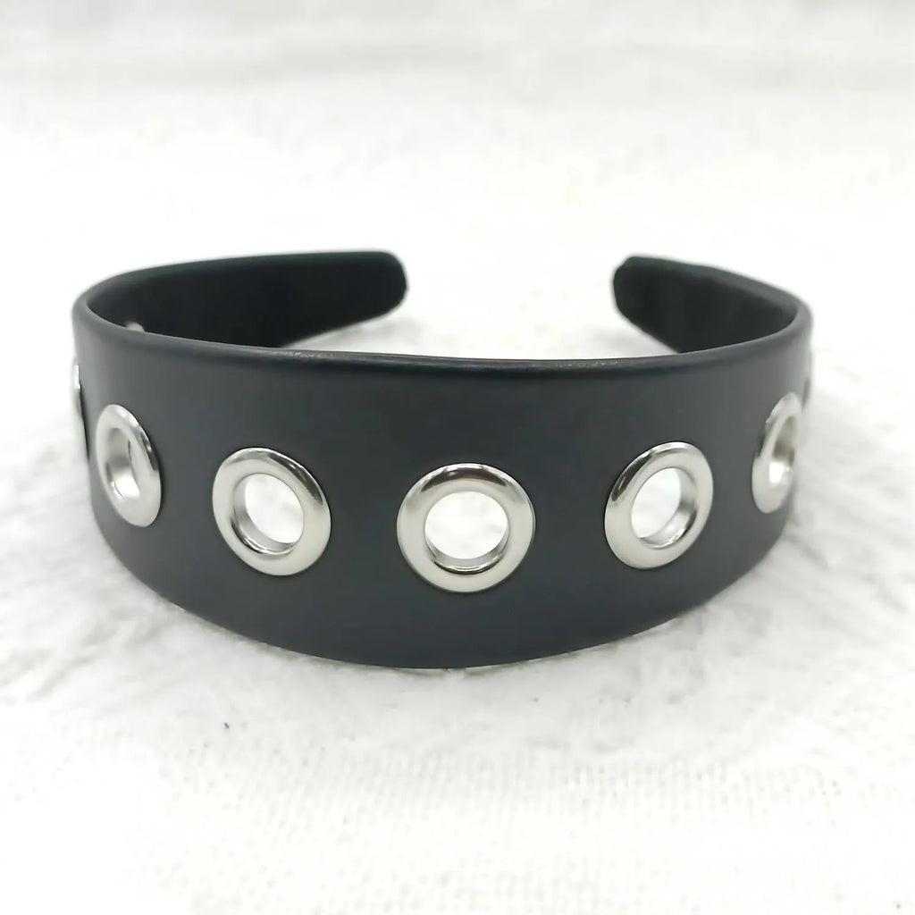 Black wide rivet headband for women, handmade artificial leather punk hair accessory with round square and dotted rivets