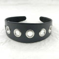 Black wide rivet headband for women, handmade artificial leather punk hair accessory with round square and dotted rivets