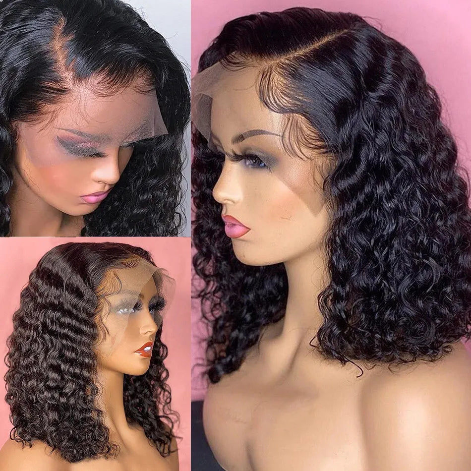 Deep wave lace front human hair wig with transparent curly texture and pre-plucked baby hair on a mannequin head