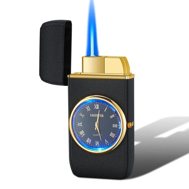 Multifunctional electronic watch and gas lighter with LED lamp in metal casing, shown in various brushed and textured finishes.