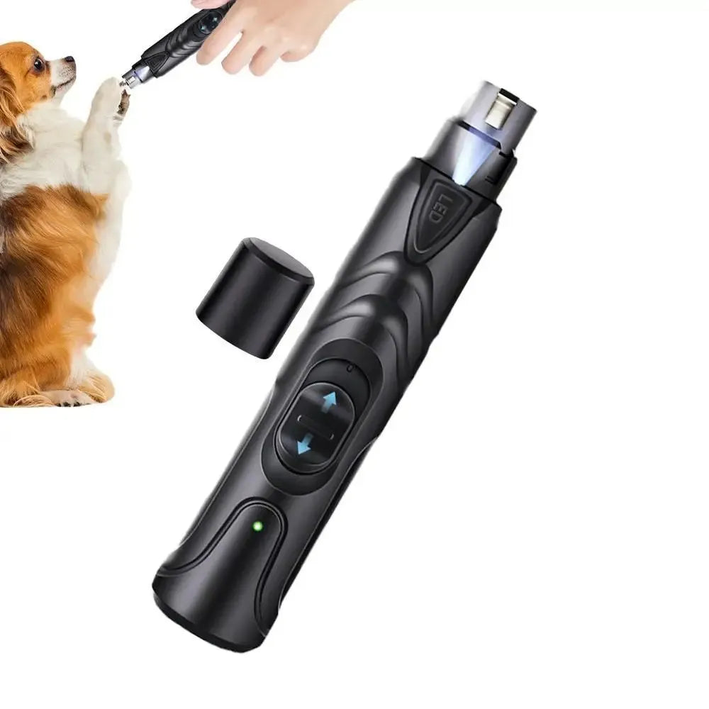 Black ABS lighted dog nail grinder with LED light and two speed settings for pet paw grooming