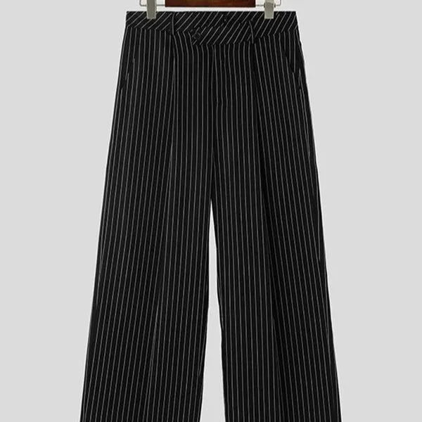 Black men's trousers with vertical stripes and front pleats on elastic bamboo fabric