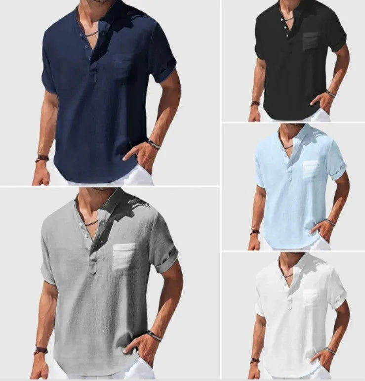 Loose lapel five-quarter sleeve T-shirt in polyester fibre, available in eight colours and sizes S to 5XL.