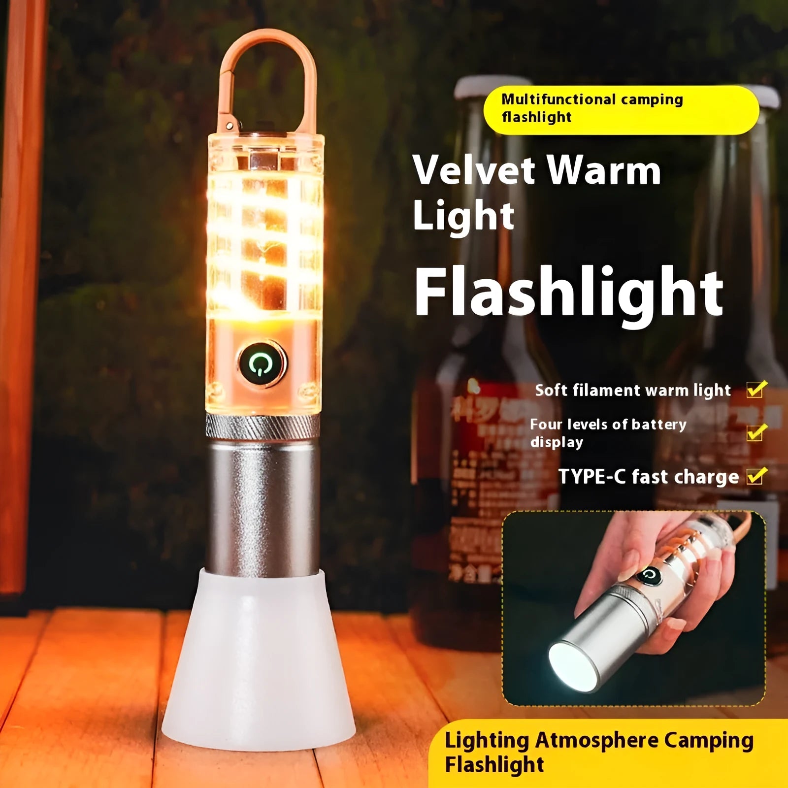 Orange and beige multifunctional flashlight with hook attachment and optical zoom lens