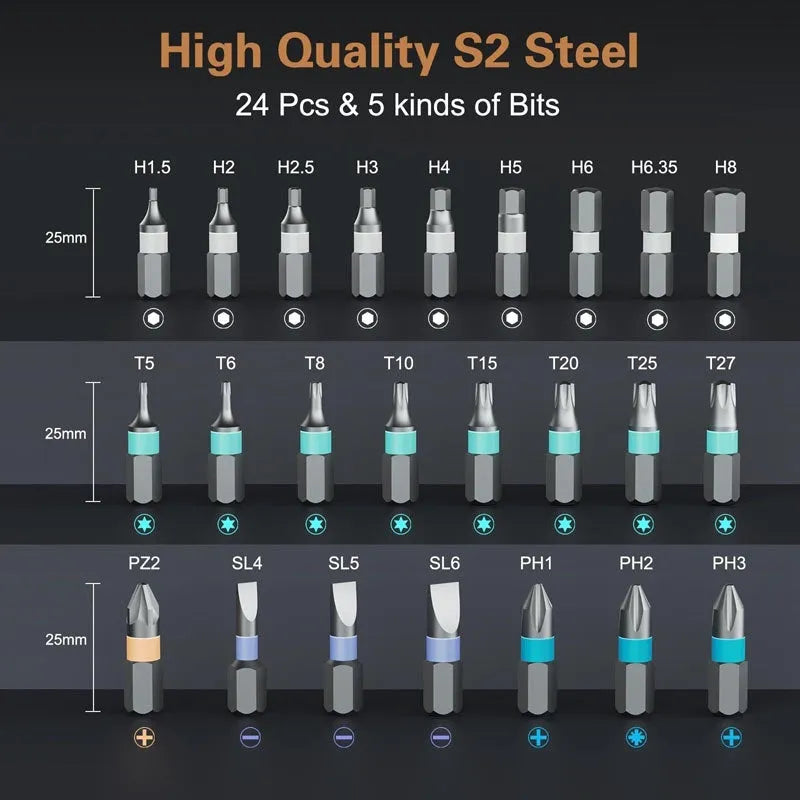 24-in-one ratchet screwdriver set with S2 CRV cutter head, 140mm nickel-chromium steel bar, and magnetic tip