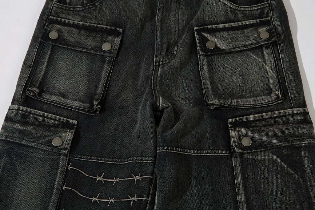 Men's black cotton embroidery trousers with wide-leg loose fit design