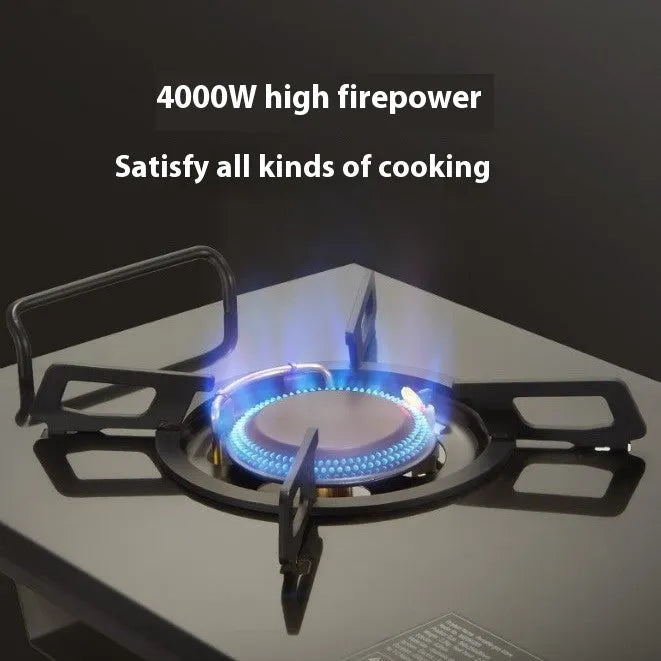 Portable foldable camping gas stove with ignition, isobutane mixture fuel, shown with beige or black IGT furnace belt bag