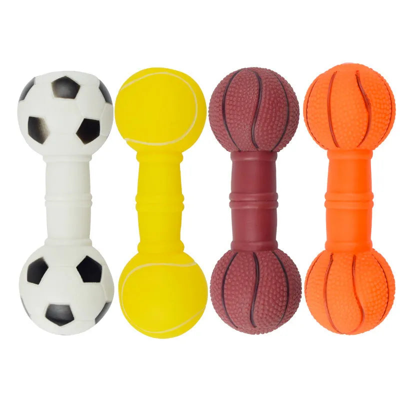 Football dumbbell shaped dog squeaky chew toy in brown, orange, white, and yellow colour options