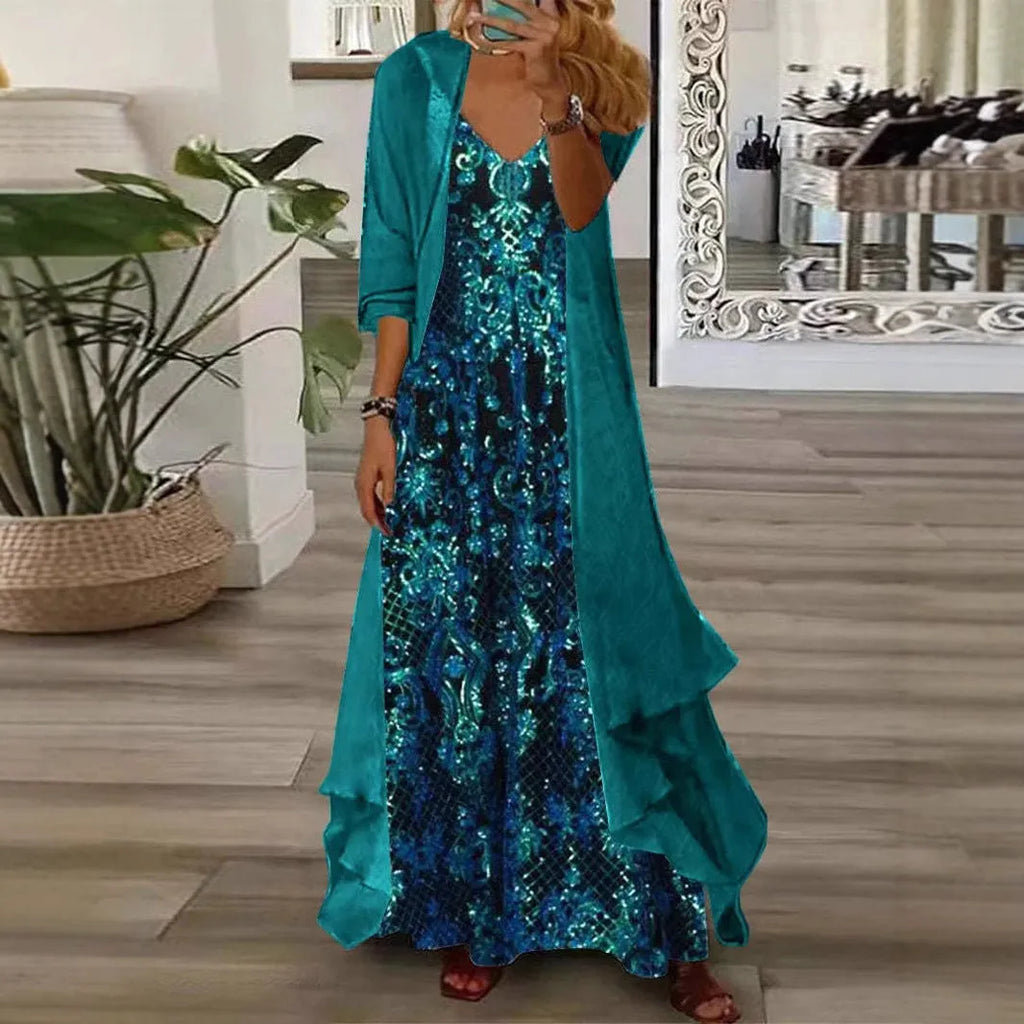 Plus size women's blue dress set with V-neck top, lining, long skirt, and crocheted flowers on polyester fabric