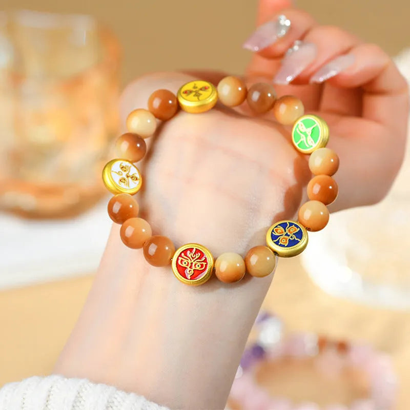 Handmade Bodhi seed bracelet in five directions, yellow round geometric beads, 14 to 17 inches, national style for women