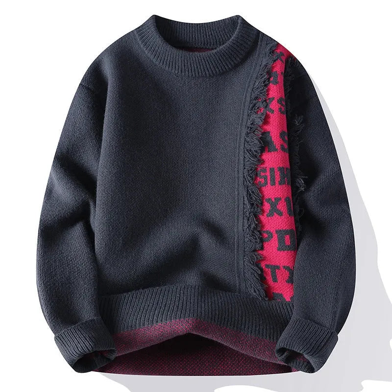 Men's loose-fit knitted pullover sweater with ribbed hem in grey, shown on a hanger.