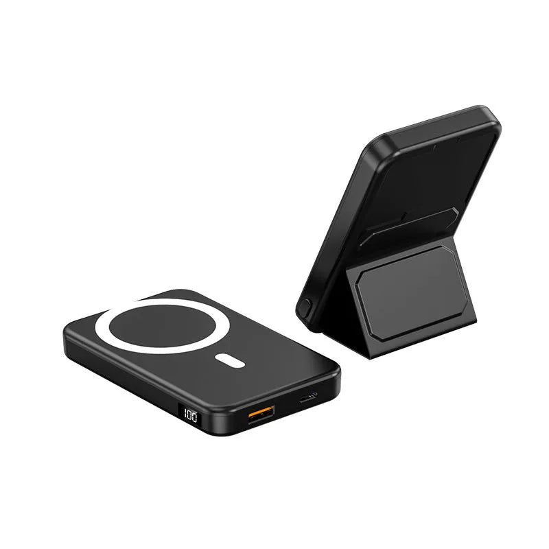 Magnetic wireless charging power bank with folding stand unfolded, shown in navy blue colour.