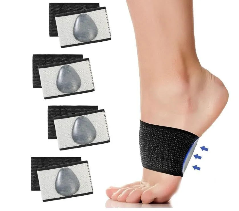 Elastic arch support bandage for flat feet with heart-shaped PU pad in two colour styles.