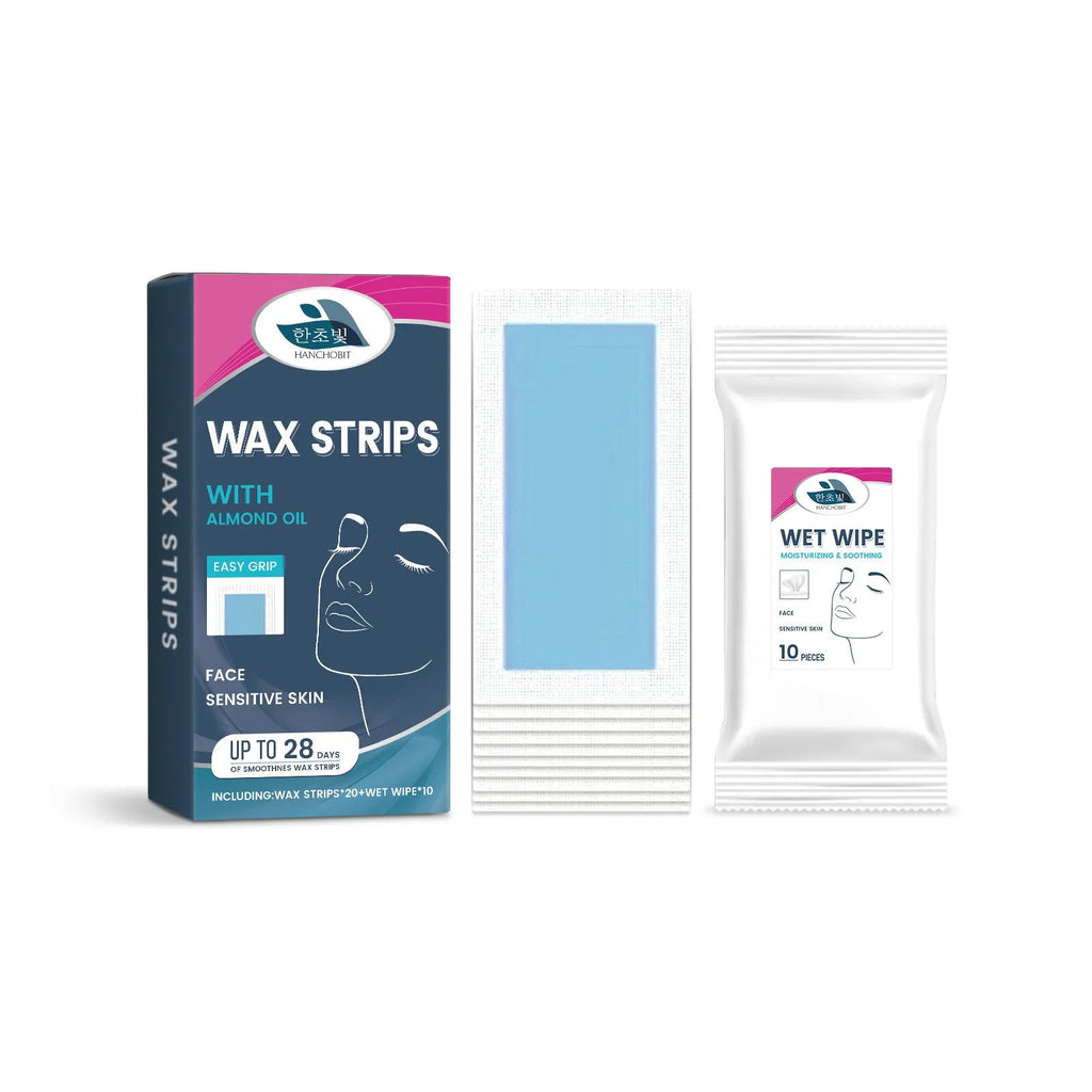 HANCHOBIT facial hair removal wax strips and wet wipes pack, showing 20 wax strips and 10 cleansing wipes