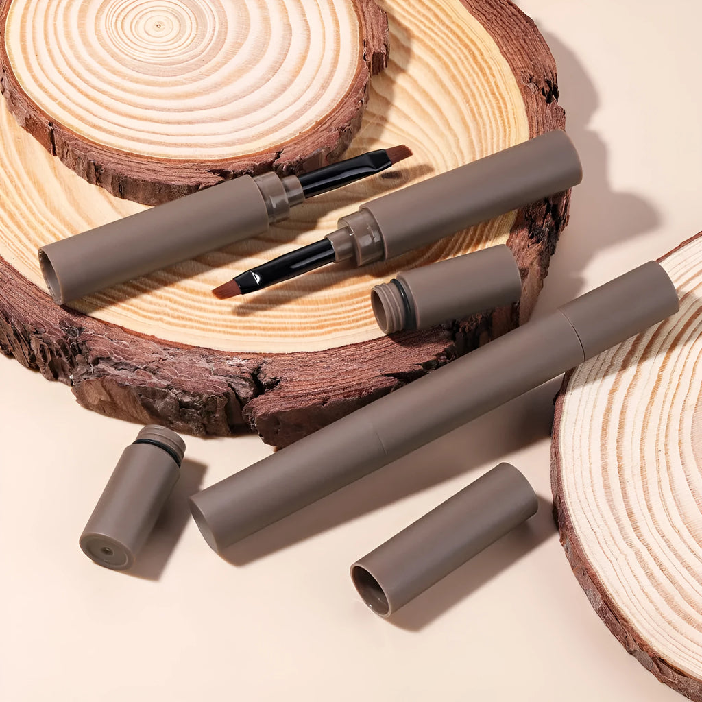 Double-headed eyebrow cream cosmetic with five shade options displayed