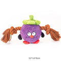 Green or purple plush rope knot dog toy with built-in molar tooth elements for tug-of-war and dental play